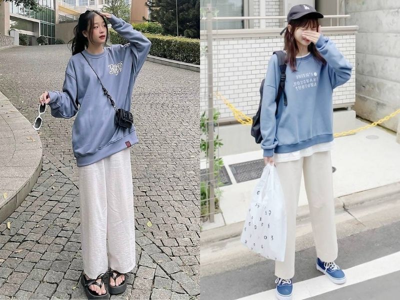 Áo sweater phối với quần ống rộng